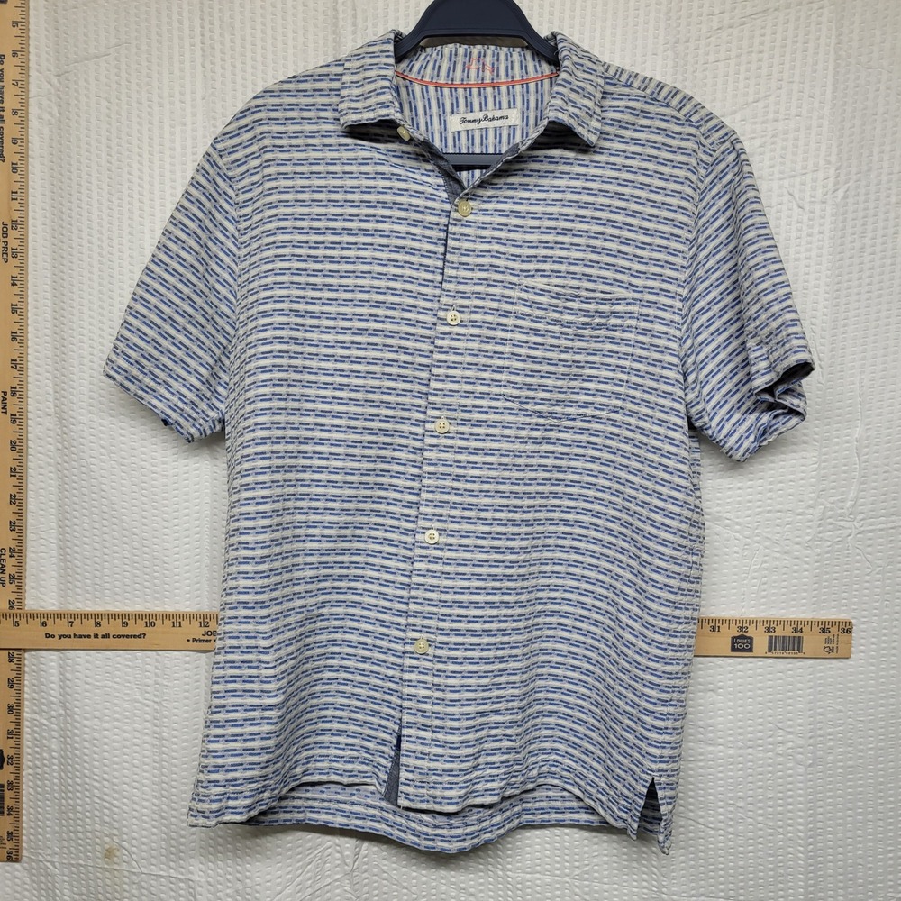 Tommy Bahama Mens Medium Blue White Striped Short Sleeve Button Down Shirt